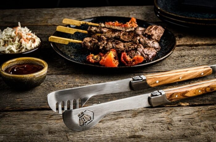 LUXBBQSETOLIVE BBQ Grillset Olivenholz Grillzange Pfannenwender